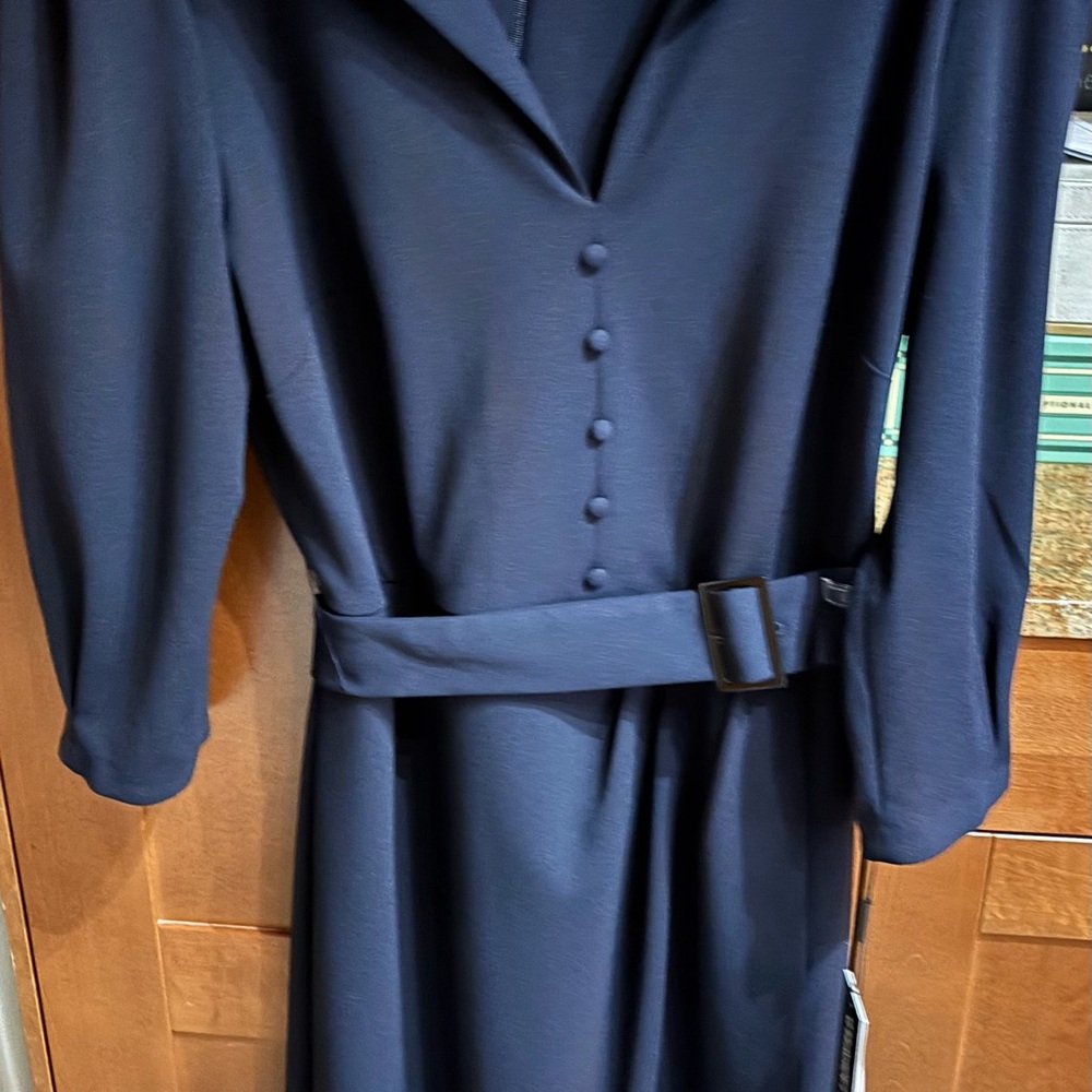 Karl Lagerfeld Blue Sheath Dress with Notched Collar and Bishop Sleeves